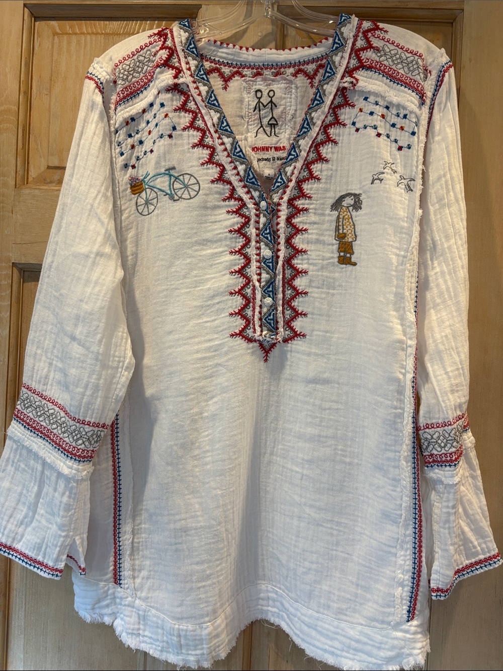 Johnny Was White Embroidered Cotton Gauze Top with Red & Blue Accents Size S